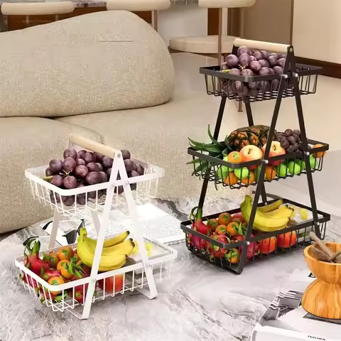 New 2Tiers Countertop Fruit Basket Portable Iron Art Kitchen Organizer for Fruits Bread Snacks Stora