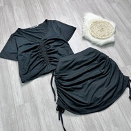 Set Áo thun croptop bigsize và chân váy rút dây phía trước hai bên Áo thun chân váy nữ BIGSIZE CÔ NH