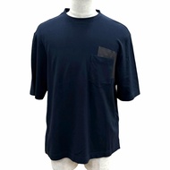 成色極佳 ▼愛馬仕 467970HA 棉質羊絨皮革口袋圓領短袖T卹 海軍藍 M碼 義大利製造 正品 男士