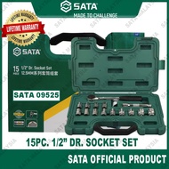 SATA 15Pcs 1/2" Dr. Socket Set 09525 6Pt Socket 10-24MM/Quick Release Ratchet/Extension Bar 5" Set S