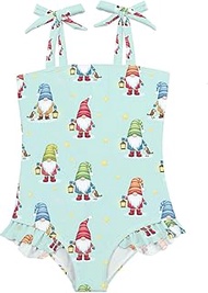 Cute Cartoon Gnome Girls One Piece Swimsuit with Bow Tie Straps, Ruffle Hem Bathing Suit for Toddler