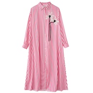 XITAO Stripe Single Breasted Lapel Flower Dress Casual Full Sleeve Loose Fitting Simple Ankle-length