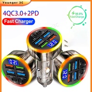 4USB+2PD 6 in 1 Colorful light multi ports phone charger with LED Display Fast Charging car adapter 