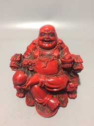 Chinese Handmade Red Coral Carved Maitreya Buddha Happy Buddha Laughing Buddha Statue Luck Gift Home