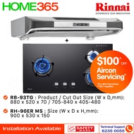 Rinnai Slimline Hood 90cm RH-90ER MS &amp; Built-In Hob RB-93TG - LPG / PUB