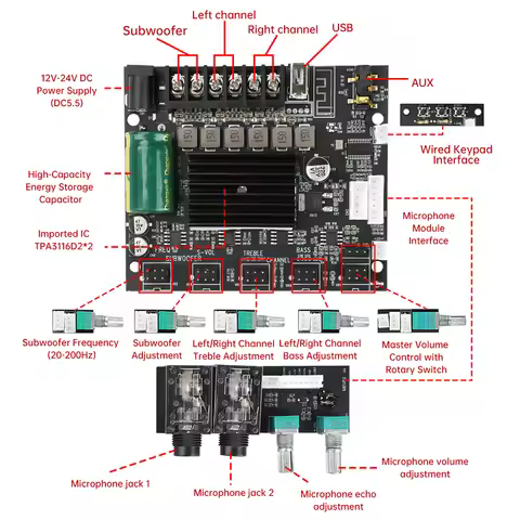 DC12-24V Speaker Amplifier Board Leaded Power Amplifier Board Leaded Integrated Bluetooth Power Ster