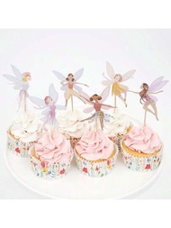 仙女杯子蛋糕裝飾，12件/組生日派對杯子蛋糕裝飾，仙女主題派對裝飾，翅膀天使仙女蛋糕裝飾，芭蕾舞蹈家蛋糕裝飾，嬰兒淋浴用品仙女婚禮裝飾