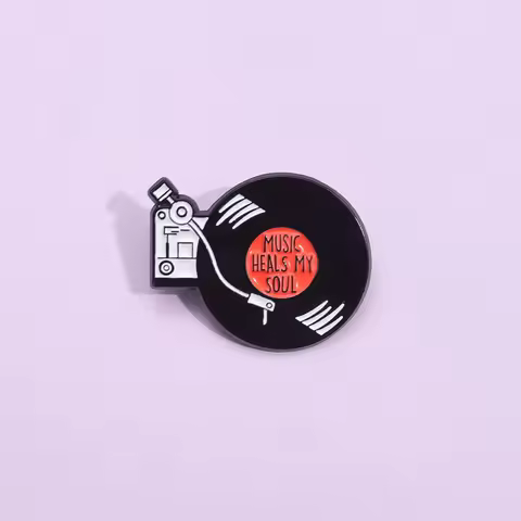Retro Vinyl Record Player Enamel Pins 80’s Vintage Video Brooches Jewelry Heals My Soul Music Lapel 
