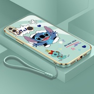 Casing Huawei Nova 5T Nova 3i Nova 3 Nova 3E Nova 4 Cute Couple Stitch Phone Case Luxury Plating Square Cover Full Len Protective Case with Lanyard