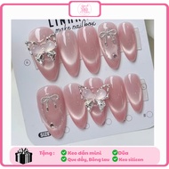 [H88] NAILS- Nailbox Set of 10 NAILS of All Sizes with Charm Bow Short Pointed Form Pretty Meow Mat 