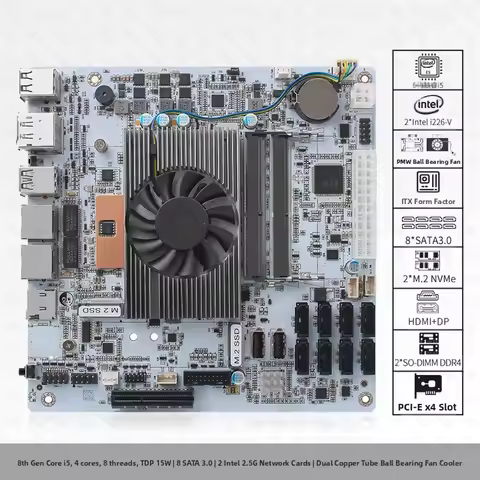 I5-8265U ES NAS Motherboard 8 Bay NAS Board 2*2.5G LAN 2*M.2 NVMe 8 SATA3.0 2*DDR4 HDMI DP 17x17 Min