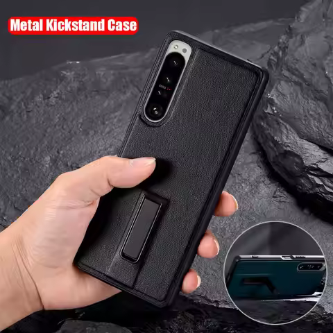 Metal Kickstand Case for Sony Xperia 1 5 10 III 5 II 10 IV Plain PU Leather Shockproof Case Cover fo