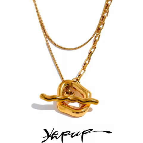 Yhpup Stainless Steel Double Layered Overlay Necklace Gold Color Waterproof Fashion Chain Neck Jewel