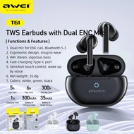 AWEI T61 ENC TWS Wireless Bluetooth 5.3 Gaming Earbuds / Dual Mode / Double Mic ENC / Smart Touch / IPX6 Sweat-proof