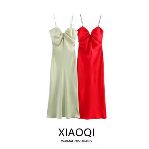 Spring 2025 New Arrival Women's Silk Satin Heart Collar Midi Dr Ele Sle Svel Single Piece Faionable 