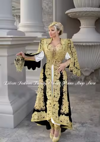 Custom Moroccan Wedding Gown Gold Embroidered Long Sleeved Kosovo Traditional Bridal Dress Formal Sp