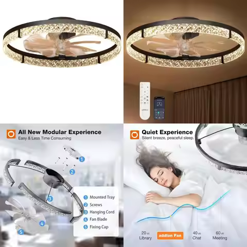 24 Low Profile Ceiling Fan with Light, Remote, 3000-6000K Dimmable LED, Bladeless Crystal Design for