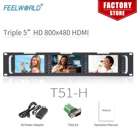 Feelworld T51-H Triple 5 inch 2RU Leightweight HDMI Broadcast Monitor LCD TFT 800x400 HDMI AV Rack M