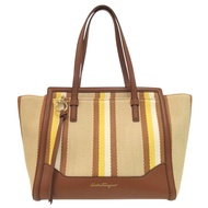 Salvatore Ferragamo Amy 條紋皮革帆布手提包，顏色，0996 [二手] Salvatore Ferragamo