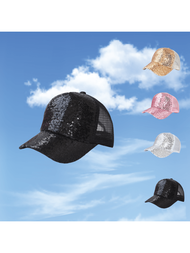 男女兼用閃亮亮撞色網眼後面款棒球帽，可調節頭圍的透氣防曬帽，適合日常穿著及貨車司機派對