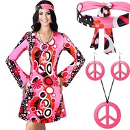 Halloween 70s Hippie Disco Costume Holiday Dress Headscarf+Printed Dress Two-Piece Set