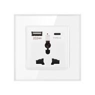 VISWE power socket wall socket switch socket power socket with usb c 3 pin socket，86*86mm white socket/black socket glass panel