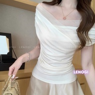 LENOGI women's off-the-shoulder shirt with form-fitting waist, off-the-shoulder shirt with flat shou