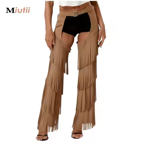 Women Western Cowgirl Cosplay Pants Costume Adjustable Buckle Open Crotch Fringe Retro Chaps Pants f