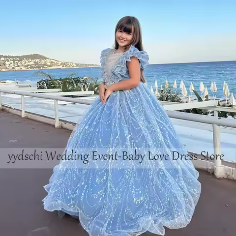 Customized Flower Girl Dress 2025 Sky Blue Girls First Communion Formal Princess Gown For Wedding Pa