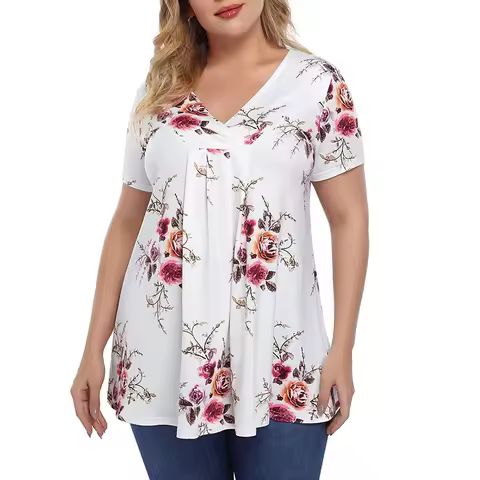 4XL 5XL 6XL Plus Size T Shirt For Women Floral Print Tops V-Neck Short Sleeve Summer Loose Casual Wo