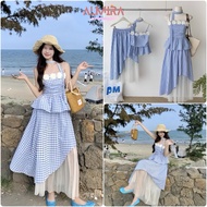 Women's Blue Checkered Skirt Set Includes 2-Piece Top with 5 Flowers + 2-Layer Diagonal Skirt