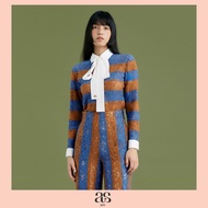 [asv aw24] Abbylee Striped Lace Polo Shirt เสื้อผู้หญิง แขนยาว คอปกโปโล ตกแต่งโบว์ผูกคอ ตัดต่อลายทาง