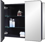 IDYLLOR Black Bathroom Mirror Medicine Cabinet with Round Corner Framed Door 30 x 25.6 inch, Recessed or Surface Mount, with Adjustable Glass Shelves