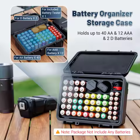 54 Slots Battery Organizer Case IP68 Waterproof with Tester for 40 AA+12 AAA+12 CR2032 CR2025+18 LR4