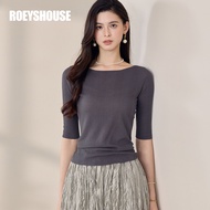 Roey s house | เสื้อถักแฟชั่นสำหรับทำงานและใส่สบายๆ สีพื้น แขน 5/8 ทรงกระชับ แบบไหล่ตก