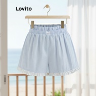 (trendy3)Lovito Casual Striped Ruffle Bow Textured Fabric Frill Sleeve Short for Women L114AD425