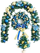Wreath Decorations Set Of 3 Blue And Gold Christmas Decorations Include 23.6" Christmas Wreath &amp; 9.8" Small Christmas Tree &amp; 8.8ft Encryption Rattan Christmas Wreath for Front Door
