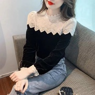 Lace Stitching Women's T-shirt Spring and Autumn French Half Turtleneck Slim-Fit Korean Style Long-Sleeved Top