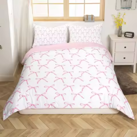 Cartoon pink bow princess bedding set, girls' bedroom decoration pink and white duvet cover, 2 pillo