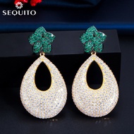 SEQUITO Philippines Trendy Gold Plated  Earing Green CZ Crystal Exquisite Flower Drop Dangle Earring
