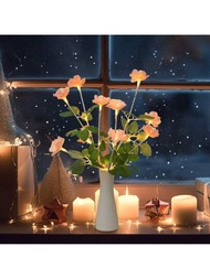 1入組10-LED 56-58cm高粉色花綠葉樹枝裝飾燈，適合卧室、客廳、花園、露台裝飾，以及婚禮/派對/季節裝飾，搭配花瓶使用