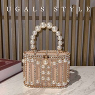 UGALS Sparkling Metal Bird Cage กระเป๋า Hollow Out Pearl Banquet Water Diamond Tuxedo Bucket กระเป๋า