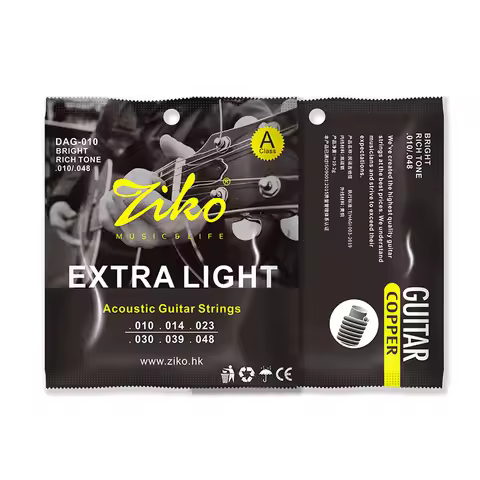 ZIKO DAG-010 Acoustic Guitar Strings – Brass Wound, Steel Core, Extra Light 010-048 Gauge, Bright To