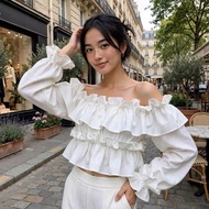Women's off-the-shoulder shirt with long sleeves, luxurious fall-winter fashion CNY wears lovely twi