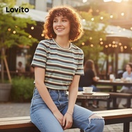Lovito T-shirt Wanita Kasual Jalur Sisi Ringkas untuk Musim Bunga/Panas L155ED633