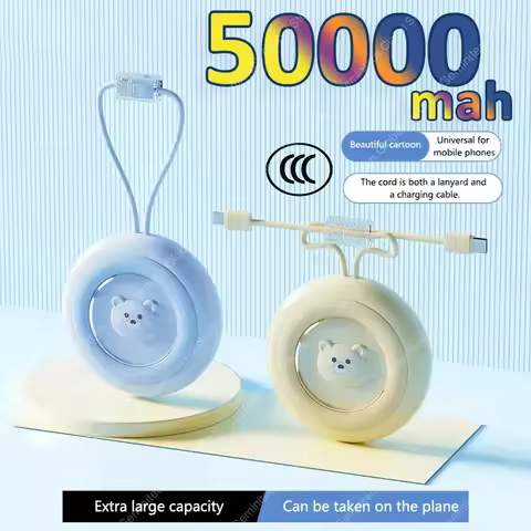 Mini Power Bank 50000mAh Large Capacity Portable Mobile Power Bank Built-in Charging Cable Lanyard F