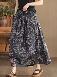 Retro Print ผ้าฝ้าย ผ้าลินิน ครึ่ง กระโปรง ผู้หญิง Double Layer Midi Swing กระโปรง เกาหลีญี่ปุ่น Tra