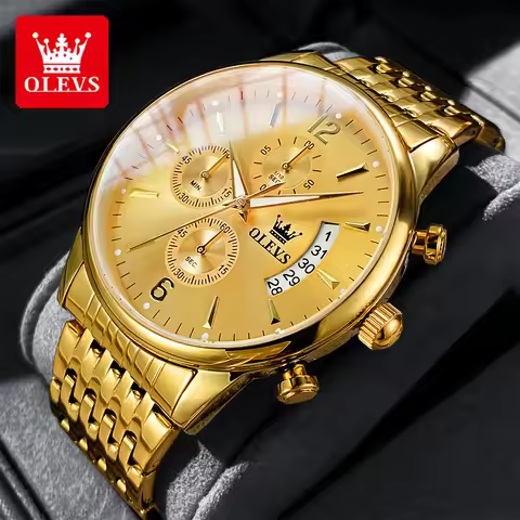 OLEVS Full Gold Men's Watches Multifunction Chronograph Waterproof Stainless steel Wristwatch