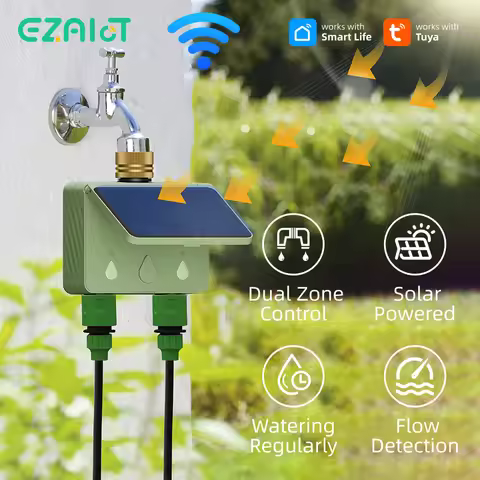 WiFi Water Timer 2 Zone Solar Power Smart Tuya Garden Automatic Irrigation Watering System Flow Mete
