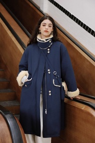 墨藍色 柔霧藍島 廓形羊羔毛風衣外套 羊羔毛大衣 附贈包包